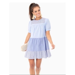 Pomander Place Tuckernuck Quinn Swing Dress XS Blue Tiered Striped Preppy A-line
